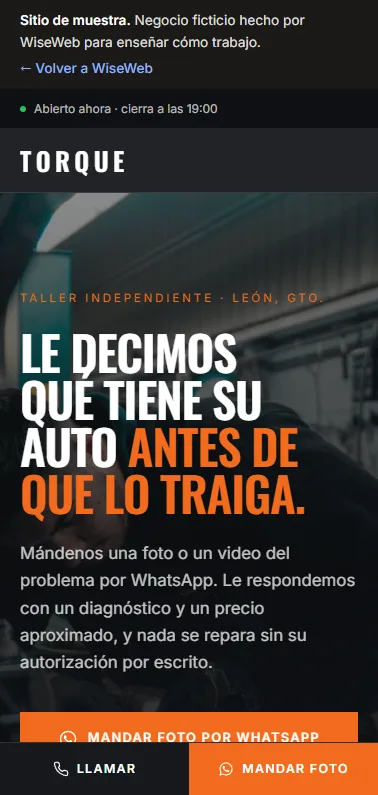 Vista en celular del sitio de muestra de Taller Torque
